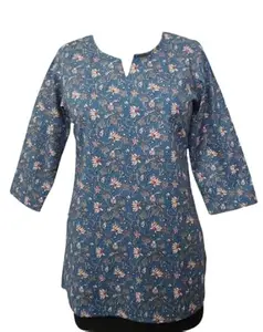 Women's Floral Print Cotton Kurti, 3/4 Sleeve, Blue, Traditional Indian Tunic Top Size-M (in, Alpha, M, Regular, Blue)