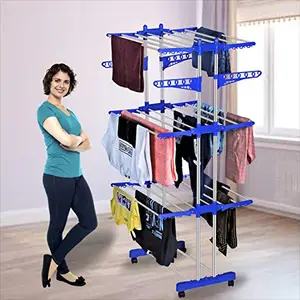 KTS Heavy Duty Rust-Free Stainless Steel Double Pole Cloth Drying Stand | Clothes Dryer Stands | Laundry Racks with Wheels for Indoor | Outdoor | Balcony (Navy Blue Drying Stand)