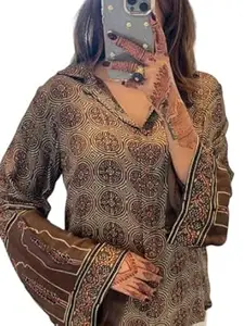 Zans & mens Women's Printed Shirt, Long Sleeve, Embroidered Cuffs, Collared Neck, Casual Ethnic Wear (in, Alpha, XL, Regular, Red-Ajrakh)