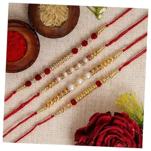 eCraftIndia Set of 4 Rakhi Combo Hamper | Red Golden & White Beads Pearl Diamond Designer Rakhis | Roli Chawal Pack | Raksha Bandhan Rakhi for Brother Bhaiya Bhai