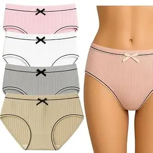 LOURYN KOULYN Women's Ribbed Cotton Brief Panties Set Soft Breathable Underwear with Elastic Waistband Full Coverage Comfort Women and Girls (Multicolour)