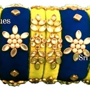Blue jays hub Silk Thread Bangles New kundan Style Yellow And Blue color Set Of 6 for Women/Girls (2-4)