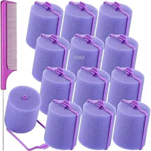 SIYAA 12 Pieces Foam Sponge Hair Rollers 1.89 inch/ 4.8 cm Soft Sleeping Hair Curler Flexible Hair Styling Sponge Curler and Stainless Steel Rat Tail Comb Pintail Comb for Hair Styling (Purple)
