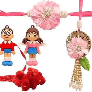 Pavitra Bandhan 4 Designer Handmade Rakhi And 10 Ram Rakhi Set For Bhaiya Bhabhi And Kids Rakhi With Roli Chawal Pack Included, Rakhi Combo, Flower Rakhi, Nobita and Shizuka Kids Toy Rakhi, Gota Lumba Rakhi