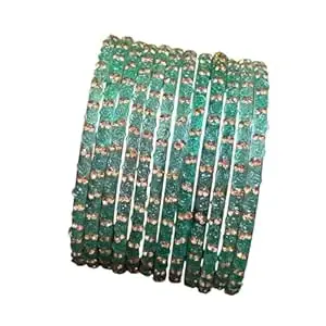 Glass Bangle Women's Traditional designer glass zircon bangles set with rose pattern and golden stone work stylish for occasional wear(Pack of 12 Pcs)