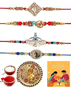 Shivshakti Exports Four Trendy Rakhi and Pooja Thali Gift Set -4RTGS115