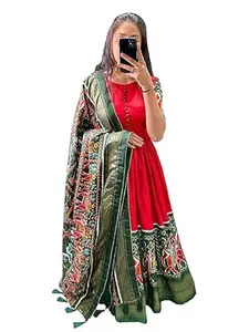 Kitmist Fashion Women's South Indian Silk Gown Model Maxi Long Dress for Girls Traditional Full Length Anarkali Long Frock for Women (X-Large, Ruby Red D)