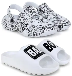 Pampy Angel Combo Pack of 2 Slipper/Flip Flops/Slides/Clogs/Sandals with Adjustable Back Strap for Men,(Cl-A-Style-White,Y-B-Boy-White),10 (UK/India)