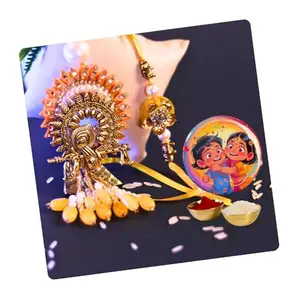 Pencil Palette Traditional Krishna Design Rakhi Set with Pearl Beads, Gold-Toned Metal, Adjustable Size for Bhaiya and Bhabhi with kumkum, rice, and fridge magnet
