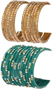 Somil Combo Of Party & Wedding Colorful Glass Bangle/Kada, Pack Of 24, Golden,Radium