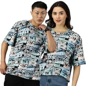 RodZen Couple Men's & Women's Pure Cotton Oversized All Over Printed T-Shirts (Pack of 2) (Men-2XL, Women-M; Blue)
