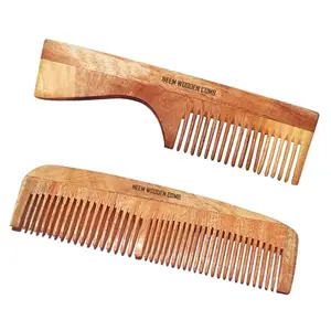BlackLaoban Handmade Wooden Combs Big Size Kacchi Neem Wood Comb Set - Neem Comb Combo For Men & Women Hair Growth - Pack of 2 - Anti Dandruff, Detangling Hair Fall Control Kanghi Dual Tooth & Handle Comb