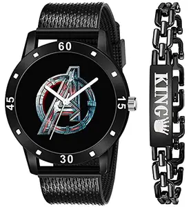 Boy's Avenger Printed Analog Watch and King Bracelet Combo (Black)