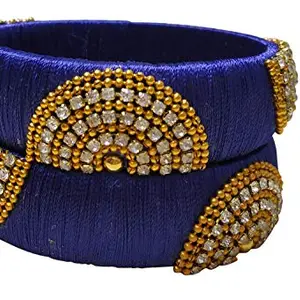 GOELX Festive Offer: Designer Handcrafted Ethnic Half Moon Silk Thread Bangles for Women in Royal Blue - 2.8