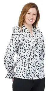 Freespirits Fashion Women White Printed Long Sleeve Shirt with Ruffled Neck, Button Down Western Top for Office Wear, Casual Outings, Stylish Ladies Shirt