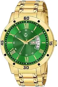 Wizard Times Men’s Watch, Wrist Watch for Boys Golden Stainless Steel Chain Strap, Black Day & Date Dial, Formal & Casual Wear, Water Resistant Watch, Analog Boys Watch, Gift Watch for Men (Green)