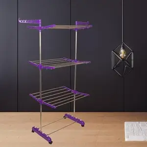UNIZONE - 12 Month Warranty - Stainless Steel Foldable Cloth Dryer Stand Double Rack Cloth Stands for Drying Clothes Steel (Cross)- Single Poll 3 Tier Cloth Rack