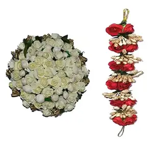 Natth Full White and Red Flower Bun Gajra Hair Flower Gajra for Juda Bun for girls and women