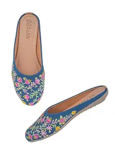 NYTY20 Latest Stylish Juti for Women and Girls Handmade Jutti Ethnic Shoes Traditional Flat Mojari Embroidered Canvas Slip on Bellies Casual Juti for Women Blue