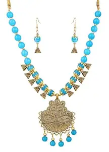 Sky Blue Oxidized Necklace for Women – Dancing Peacock Design with Traditional Charm