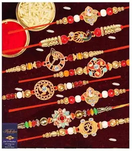 De Marquis Fancy Designer Rakhi Set for Brother | Rakhi Gift for Brother, Bhai, Bhaiya | Roli-Chawal Pack | Greeting Card (Pack of 12 Rakhis Set) (Set - B)
