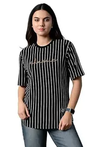 KANZUL -FASHION PASSION Women Casual Round Neck Striped Short Sleeve T-Shirt I Print Oversized Sap Matte Half Sleeve Loose Top Round Neck Casual T-Shirt 299 399 Under (in, Alpha, XL, Regular, Black)