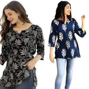 MS VHCK ENTERPRISE Women's Cotton Printed Short Kurti, Round Neck, Three Quarter Sleeve, Straight Fit, Pack of 2