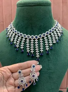 Luxury Blue Sapphire and Diamond Necklace Earring Set, Statement Bridal Jewellery with Teardrop Design, Silver
