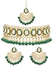 I Jewels 18K Gold Plated Traditional Handcrafted Mirror And Pearl Work Choker Necklace Jewellery With Chandbali Earrings & Maang Tikka Set For Women & Girls (K7228G)