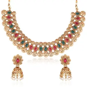 Vivastri's Premium & Unique Cubic Zirconia Diamond Studded Multicoloured Alloy Necklace Set With Suitable Jhumka Earrings-VIVA1030NECK