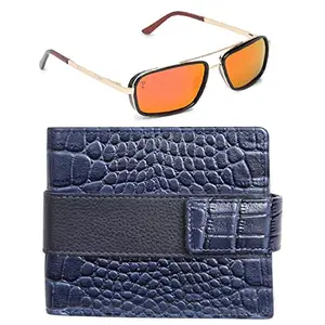 Campeon Combo of Genuine Leather RFID Protected Loop Wallet and Avaitor Sunglasses for Men (Large Sunglasses, Blue Wallet and Golden Frame Orange Mirror Lens)