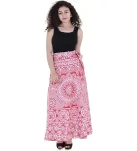 Women's Cotton Printed Wrap Around Maxi Skirt (Red, Free Size)-PID45907