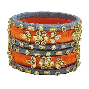 HABSA HABSA Hand Made Fancy Festival Silk Thread Fancy Festival Wear Kundan Stone Bangles Set of 6 Bangles Orange-Grey(size-2/4)