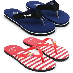 Skytrap Women Navy, Red Nubuck, Rubber Slippers Flipflop Combo of 2 (numeric 4)
