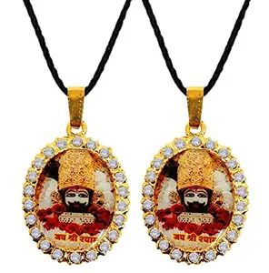 Adhvik JAR0481-02 (Pack Of 2 Pcs) Unisex Golden Color Oval Shape Diamond Nug Engraved/Studded Hindu God Lord Jai Shri Baba Khatu Shyam/Barbarika Ji Locket Pendant Necklace With Cotton Dori