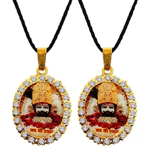 De-Ultimate JAR0481-02 (Pack Of 2 Pcs) Unisex Golden Color Oval Shape Diamond Nug Engraved/Studded Hindu God Lord Jai Shri Baba Khatu Shyam/Barbarika Ji Locket Pendant Necklace With Cotton Dori