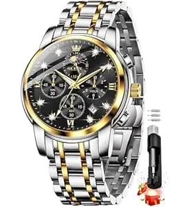 OLEVS Chronograph Watches for Men Original Analog Quartz Black Stainless Steel Chain Luxury Dual Time Zone Moon Phase Date Waterproof Men's Wrist Watch