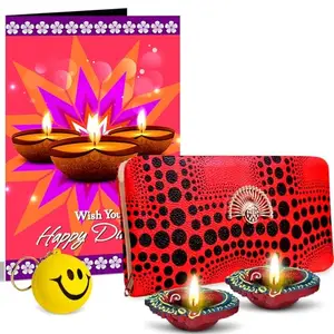 Alwaysgift Wish You Happy Diwali 2 Diyas, Ladies Wallet, Smiley Keychain,s & Greeting Card Hamper