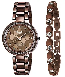 VILLS LAURRENS Brown Combo of Watch and Bracelet for Women and Girls