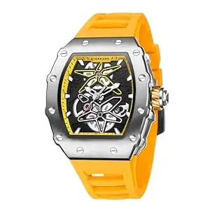 Giordano Analog Skeleton Dial Watch for Men – Tonneau Case, Silicone Strap, Open-Gear Sport Design, Quartz Movement