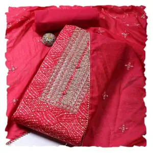 Meena Bazaar Women Rani Cotton Embroidered Unstitched Suit With Dupatta Set