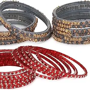 AFAST Combo Of Party & Wedding Colorful Glass Bangle/Kada, Pack Of 24, gray,Red
