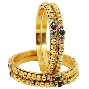 Shivarth Jewellery Designer Victoria Bangles Trendy Gold Plated Chudi Studded Kundan Kade for Attractive Elegant look Metal Kangan Set for Women & Girls (4pcs Golden 2, 2.2)