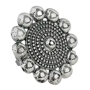 ACCESSHER Oxidised Silver Circular flower shaped Adjustable finger ring for women and girls | Navratri Jewellery |