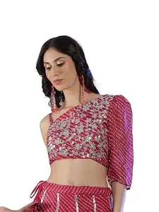 NEUDIS Women Cotton Red Embellished One Shoulder Lehariya Fitted Blouson Crop Top