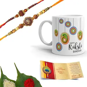 Chinove Om and Rudraksh Elegant Design Handmade Rakhi’s for Brother and Bhabhi Set of 2 with Wishing Card, Roli Chawal and Printed Ceramic Mug (SM13)