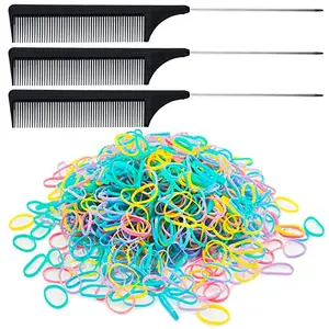 Colorful Hair Tail Tool Set, lyfLux 2500 pcs Hair Rubber Bands an 3 pcs Black Rat Tail Comb for Hair Styling (Mini Rubber Bands)