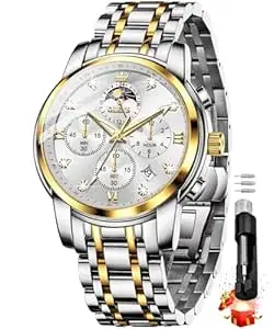OLEVS Chronograph Watches for Men Original Analog Quartz Black Stainless Steel Chain Luxury Dual Time Zone Moon Phase Date Waterproof Men's Wrist Watch