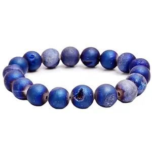RRJEWELZ 10mm Natural Gemstone Blue Druzy Round shape Smooth cut beads 7.5 inch stretchable bracelet for men. | STBR_RR_M_02060