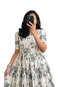 Rayon Printed Kurta for Women, Short Sleeve Flared Dress, Casual Wear
